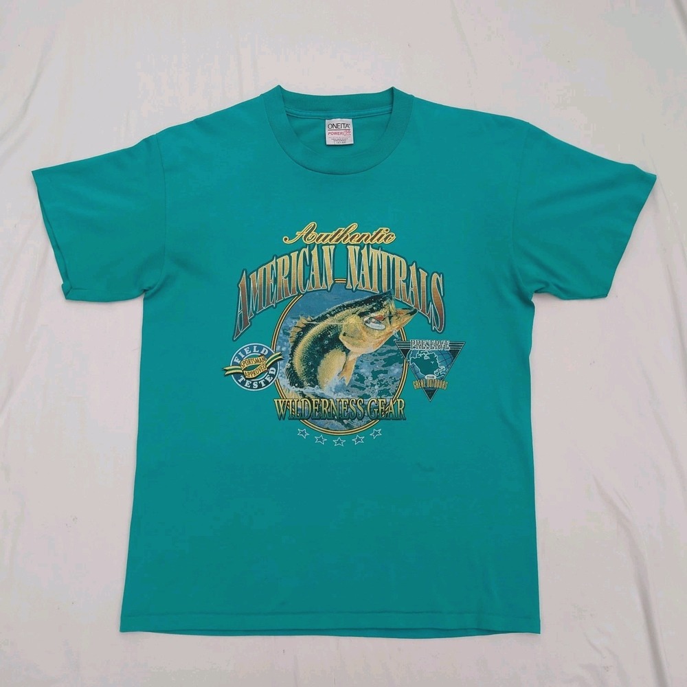 VTG 90s Oneita Fishing T-shirt Mens L American Naturals Wilderness Gear Teal